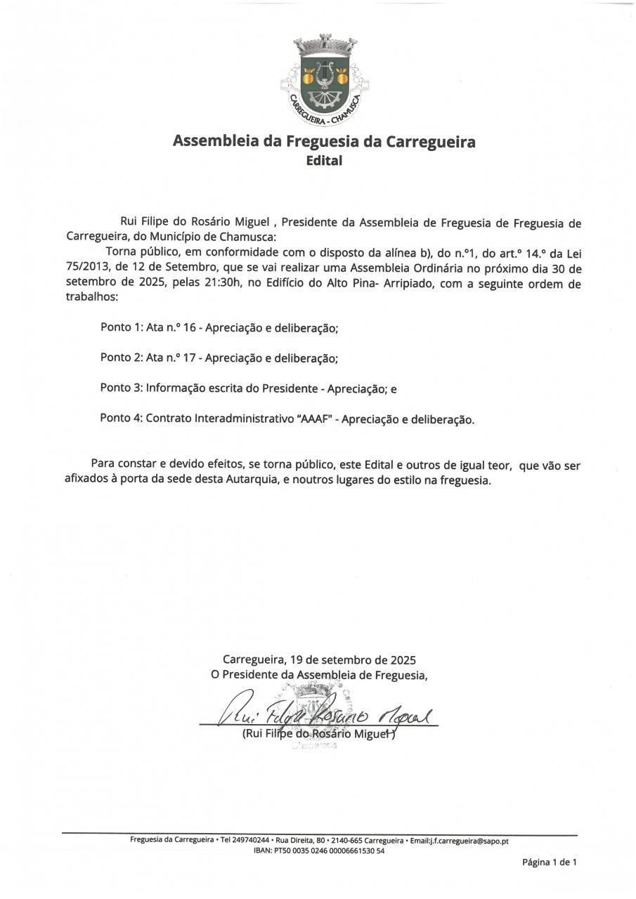 Edital Sessão Ordinária da Assembleia de Freguesia 30/09/2025
